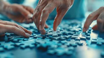 Business Team Working on Puzzle Piece Table, Problem-Solving, Teamwork Synergy. Illustration photo