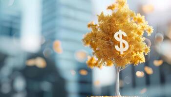 Golden tree with dollar sign leaves growing in urban environment, wealth, financial growth. Illustration photo