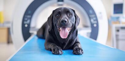 A happy black dog relaxing on a table in a veterinary clinic, ready for a medical scan demonstrating advanced animal care. photo