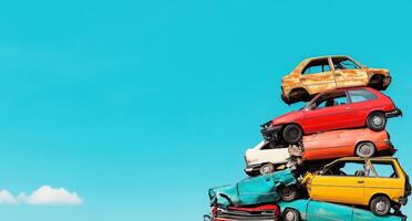 A vibrant stack of colorful abandoned cars against a clear blue sky, showcasing urban decay and creativity in art. photo