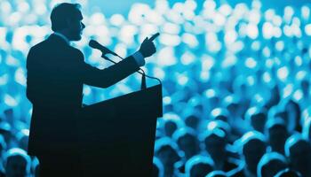 Silhouette of Leader Speaking at Podium with Abstract Audience, Influence, Leadership. Illustration photo