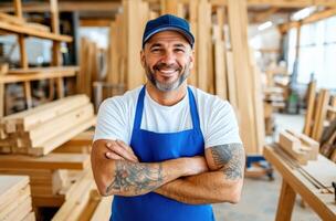 Smiling carpenter in workshop, showcasing craftsmanship and passion for woodworking among stacks of lumber. photo