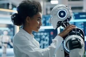 AI-Powered Robot Assisting Businesswoman with Data Analysis, Efficiency. Illustration photo