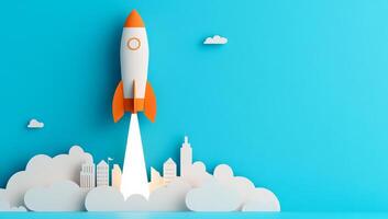A vibrant rocket launching over a city skyline, symbolizing innovation, progress, and aspirations in a dynamic environment. photo