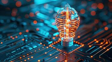 Digital gears and circuit board forming a lightbulb, technology, innovative business solutions. Illustration photo