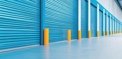 Bright and modern storage facility with blue rolling doors and yellow safety posts, ideal for various storage needs. photo