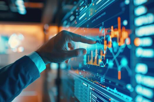 Executive analyzing data on holographic screen, technology, business strategy. Illustration photo