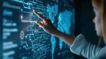Businesswoman Touching Holographic Interface with Futuristic Data, Technology-Driven Business. Illustration photo