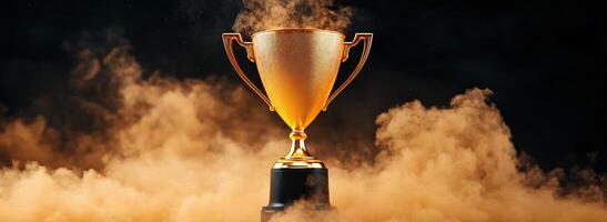 A golden trophy shines amidst a cloud of smoke, symbolizing victory and achievement in competitions and awards. photo