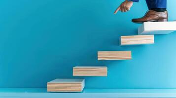 CEO Standing at Top of Staircase with Steps Labeled Growth Stages, Leadership. Illustration photo