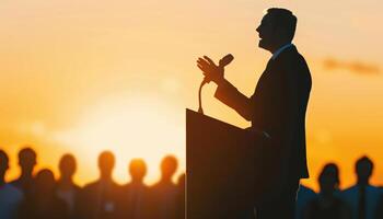 Silhouette of Leader Speaking at Podium with Abstract Audience, Influence, Leadership Communication. Illustration photo