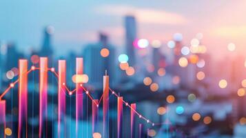 Digital screen showing a bar graph with increasing bars and city skyline, analytics, business growth metrics. Illustration photo