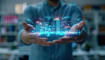 Businessman Presenting 3D Hologram of New Product, Invention, Innovative Presentation. Illustration photo