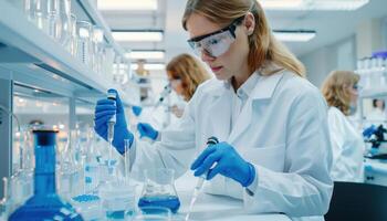 Team of scientists working in a high tech lab with advanced equipment, research, business innovation. Illustration photo