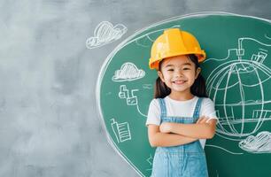 A cheerful girl wearing a safety helmet stands proudly in front of a chalkboard with drawings of the world and clouds. photo