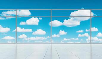 A modern balcony view highlighting a clear blue sky filled with fluffy clouds, perfect for serene outdoor imagery. photo