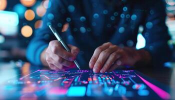 Designer sketching futuristic products with a digital pen, creativity, innovative design. Illustration photo