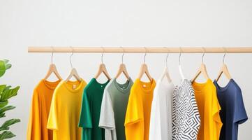 A vibrant display of colorful t-shirts hanging neatly on a wooden rack against a minimalist background. photo