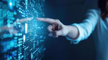 Businesswoman Touching Holographic Interface with Futuristic Data, Technology-Driven Business. Illustration photo