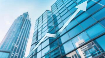 Graph with upward arrow and skyscrapers in the background, progress, corporate growth. Illustration photo