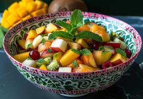 A colorful bowl of mixed fruit salad with exotic fruits and mint leaves photo