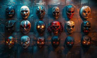 A collection of spooky Halloween masks hanging on a wall with eerie lighting, leaving space in the center for copy photo