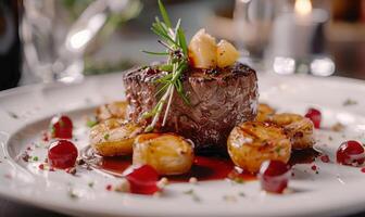 A close-up of a delicious gourmet meal on a restaurant table photo