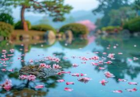 Cherry blossom petals floating on a tranquil pond in a Japanese garden photo