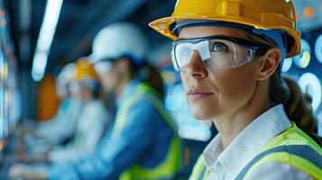 Confident woman engineer overseeing optimization projects, focusing on management and energy generation improvements photo