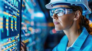 Confident woman engineer analyzing power generation, focusing on grid optimization and reliability photo