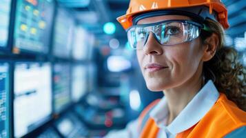 Confident woman engineer analyzing power generation, focusing on grid optimization and reliability photo