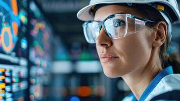 Confident woman engineer analyzing power generation, focusing on grid optimization and reliability photo