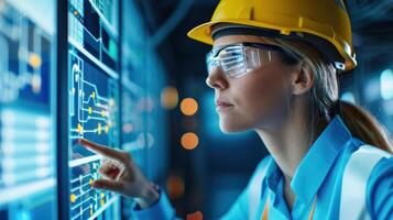 Beautiful woman engineer optimizing electrical grid systems for efficient power generation, showcasing advanced technology photo