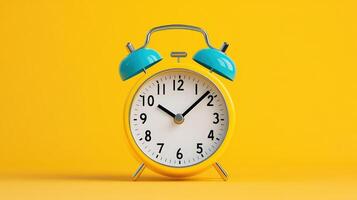 Classic blue and yellow alarm clock standing against a bright yellow background representing punctuality and time management. photo