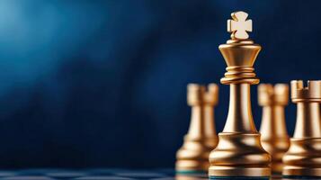 Chessboard with golden chess pieces on blue background. Focus on the king. Concept of strategy, leadership, and success. photo