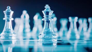 Close-up of a clear chess set featuring a prominent king. Light blue background highlights the pieces' transparency and strategic importance. photo