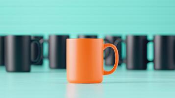 Bright orange mug stands out among a row of black mugs on a turquoise background, showcasing individuality and uniqueness. photo