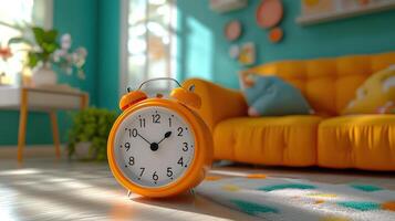 Bright living room with orange vintage alarm clock on floor, sunlight streaming through window, cozy sofa, and colorful decor elements. photo