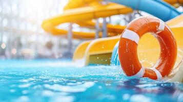 Bright orange lifebuoy floating in the water at a colorful water park slide, capturing a fun and safe summer day. photo