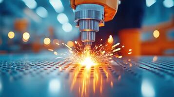 Close-up of an automated CNC machine cutting metal with precision and shooting sparks in a modern manufacturing facility. photo