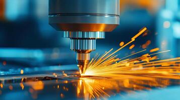 Close-up of CNC laser cutting metal sheet with bright sparks. Precision engineering and metal manufacturing technology. photo