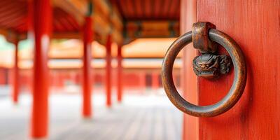 Close-up of ornate door ring on a red wooden pillar in traditional Asian temple, showcasing intricate craftsmanship and cultural heritage. photo