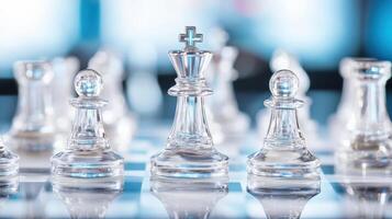 Close-up of transparent chess pieces on a board, showcasing strategy, competition, and intelligence in a serene and focused setting. photo