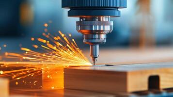 Close-up of a CNC machine engraving wood with precision. Sparks flying, highlighting advanced industrial manufacturing and woodworking technology. photo