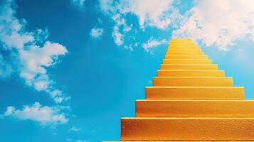 Bright yellow staircase reaching towards a blue sky with white clouds, symbolizing aspiration, growth, and progress. photo