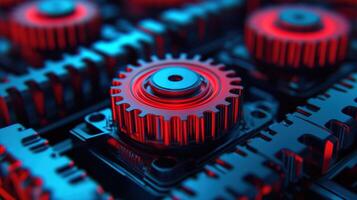 Close-up of red and black gears in an industrial mechanism, highlighting mechanical complexity and precision engineering in a high-tech setting. photo