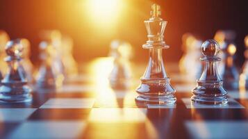 Close-up of glass chess pieces on a board with a warm glowing light in the background, symbolizing strategy and competition. photo