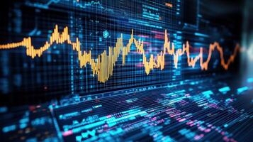 Digital financial stock market graph on LED display showcasing data analytics, market trends, and investment opportunities. photo