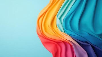 Flowing colorful fabric waves on a soft blue background, displaying a spectrum of vibrant colors in a smooth and dynamic visual composition. photo