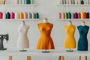 Fashion studio with mannequins and sewing machines, showcasing colorful threads on shelves in a modern, creative workspace. photo
